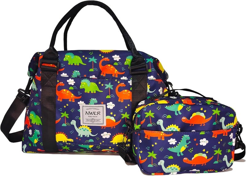 NWLR Travel Duffle Bag Weekender Overnight Bag Gym Tote with Wet Pocket for Women Girls Workout Duffel Bag Water Resistant (W-Cute Dinosaurs+Toiletry Bag) - Image 1